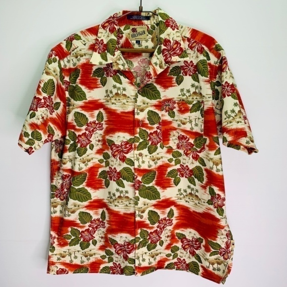 Tommy Hilfiger Mens Large Hawaiian Shirt Cotton Tropical Beach Short Sleeve